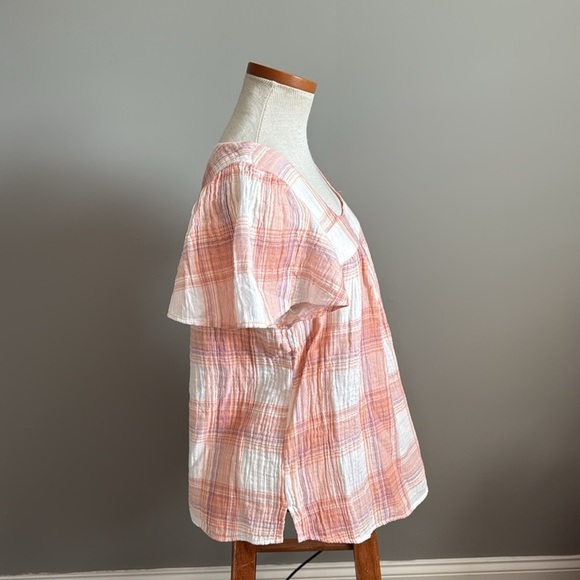 NWT!! Caslon - Stripe Cotton Popover Top In Ivory- Coral Nora Plaid - Medium - Picture 4 of 8
